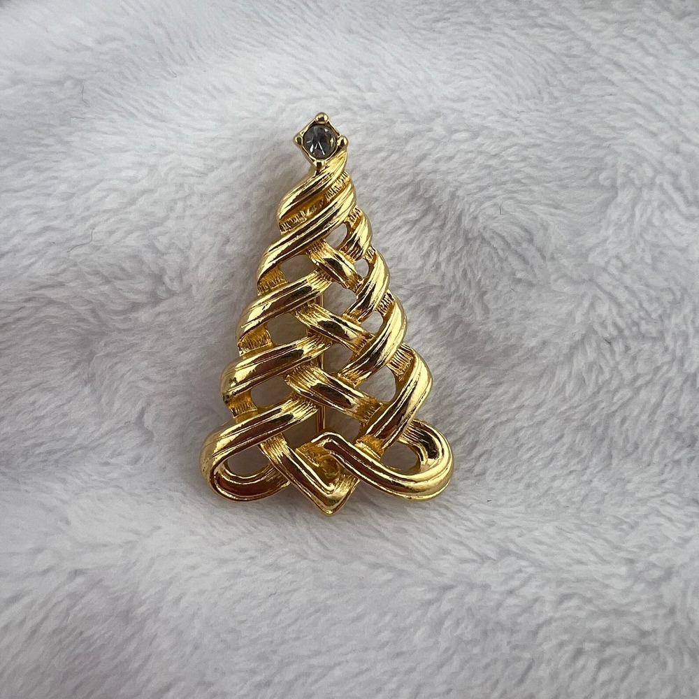 VTG Avon Gold Tone Christmas Tree Brooch Rhinestone Topper 1⅛"‎ Holiday Pin